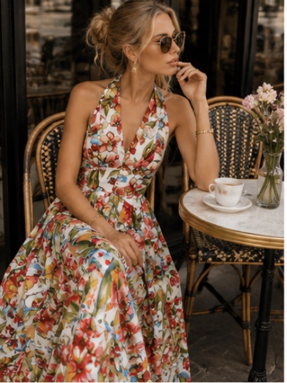 FARM Rio Floral Halter Maxi Dress in White with Red, Green & Blue Accents